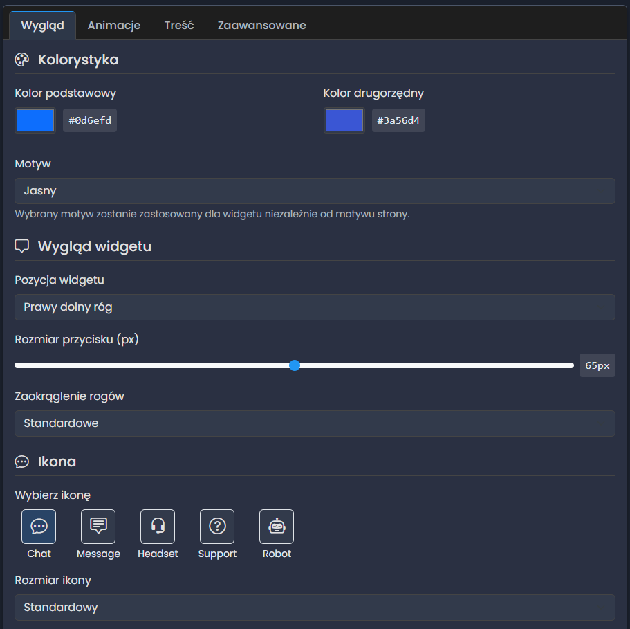 Główny interfejs edytora widgetu